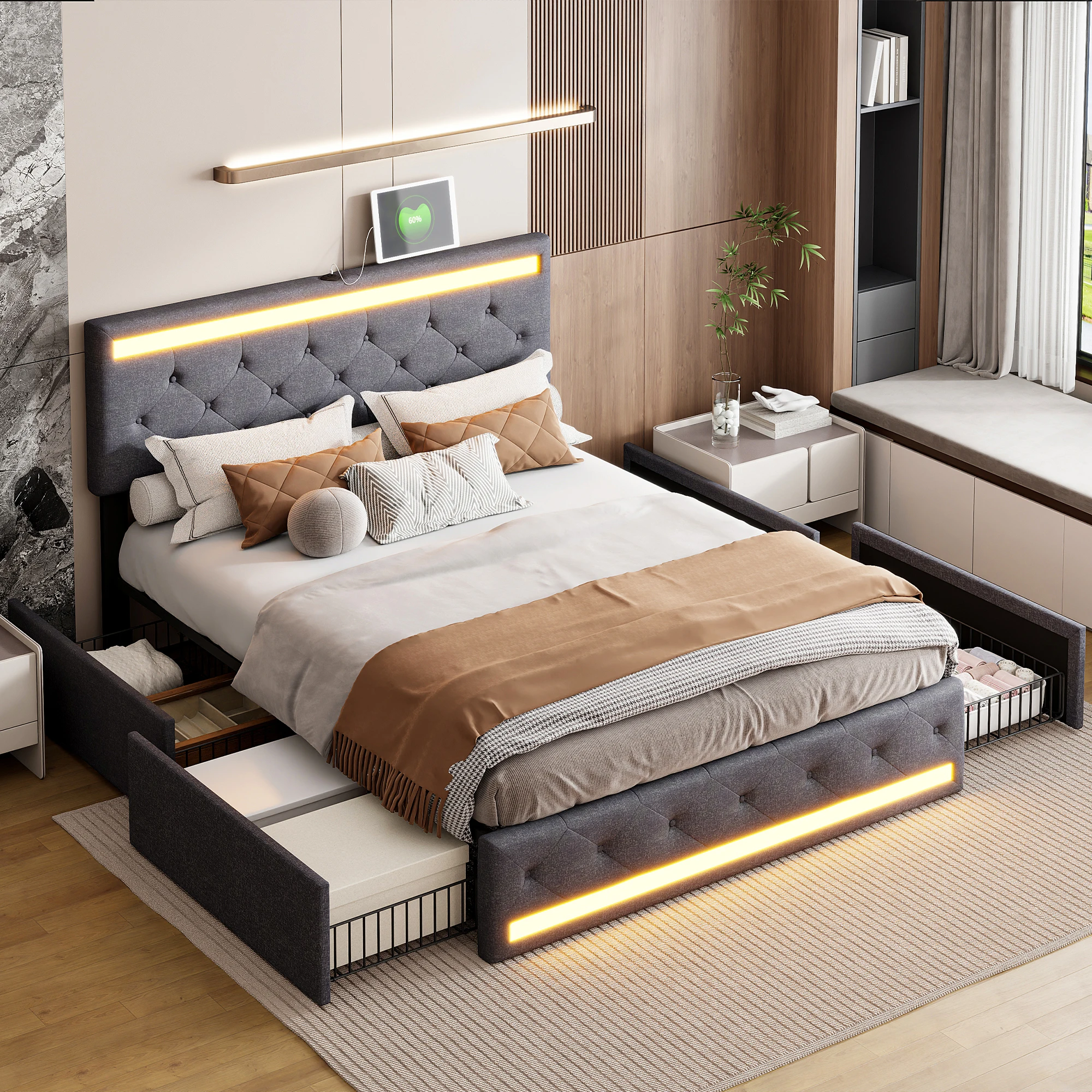 Anajqaqia Letto matrimoniale imbottito 140/160/180x200 cm con 4 cassetti, con ricarica USB e illuminazione a LED, lino, grigio scuro