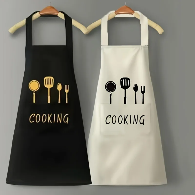 Stilvolle schwarz-weiße PVC-Schürze mit Kochutensilien-Design, koreanische Version, Handwischfunktion, geeignet für Zuhause und Restaurant