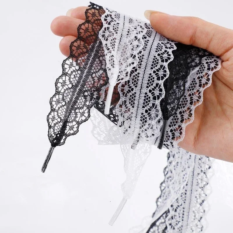 Lacets tressés en dentelle 2.9CM de largeur, lacets plats fantaisie en soie noire et blanche pour baskets de Ballet, chaussures d'entraînement allemandes