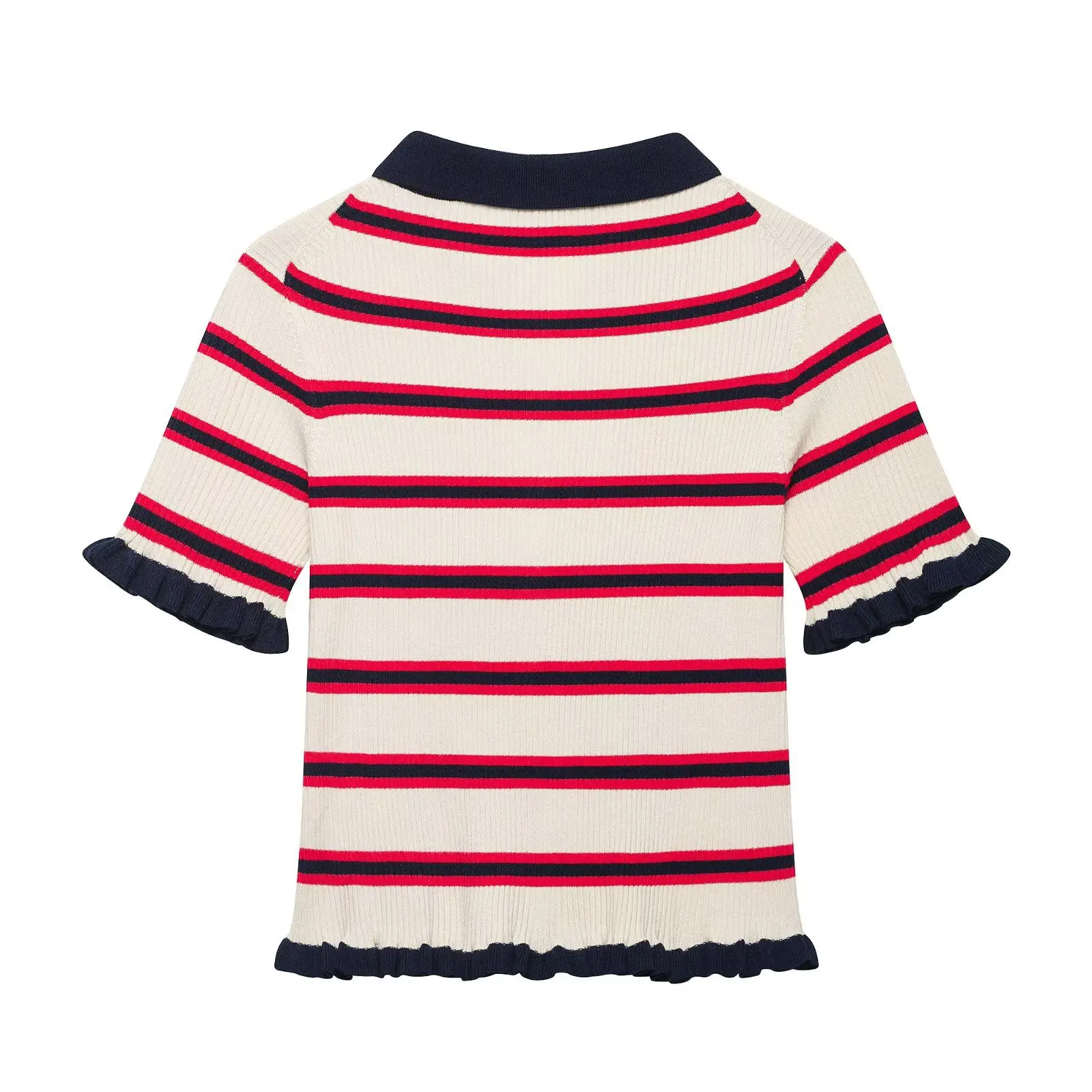 Women Striped Polo Collar Knitted Cardigan Short Sleeve Ruffle Trim Slim Fit Vintage Casual Preppy Crop Top Outerwear