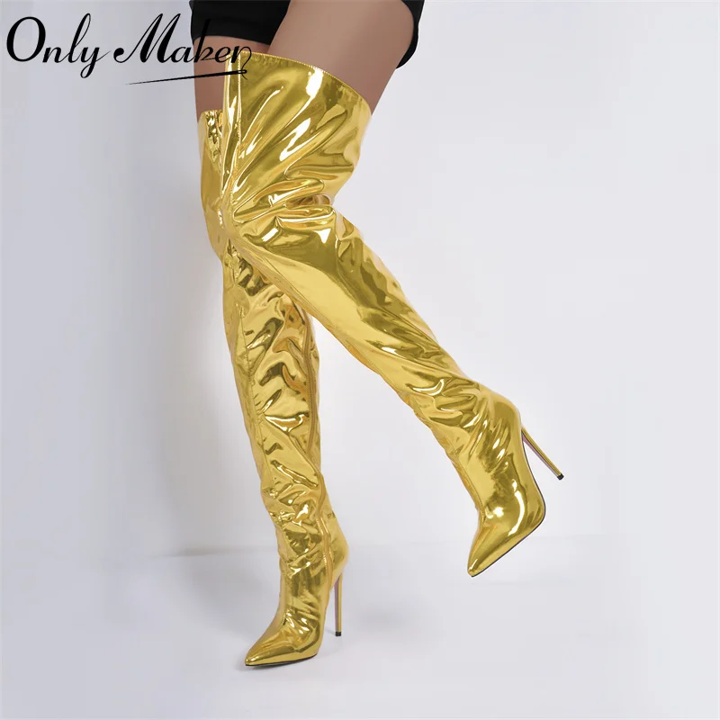 Onlymaker Women Pointed Toe Over The Knee Boots Metallic Zipper Handmade Big Size Stiletto Ladies Boots