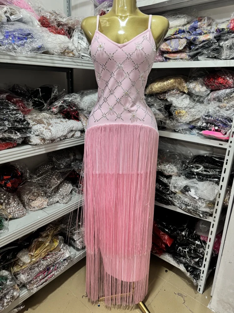 Summer 2025 Women's Sexy Pink Strapless Long Tassel Sequin Belted Dress Fashionable Backless Evening Party Dress