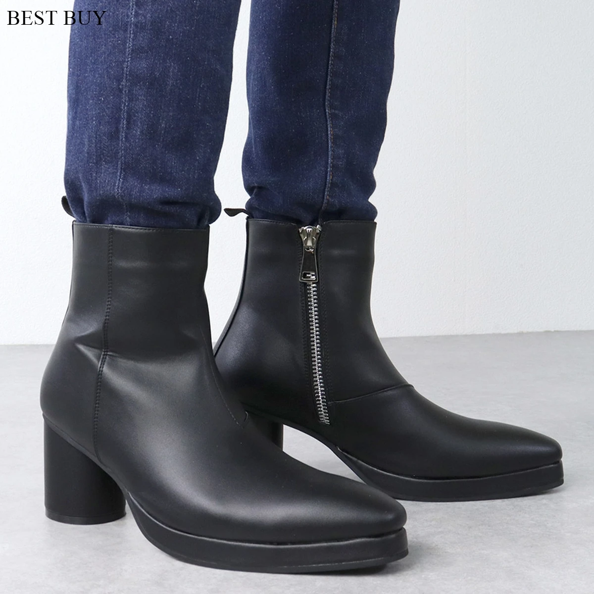 

Black Thick Sole High Heel Chelsea Boots Men's Pointed Leather Side Zipper Winter Cowboy British Style Booties New Men's Boots