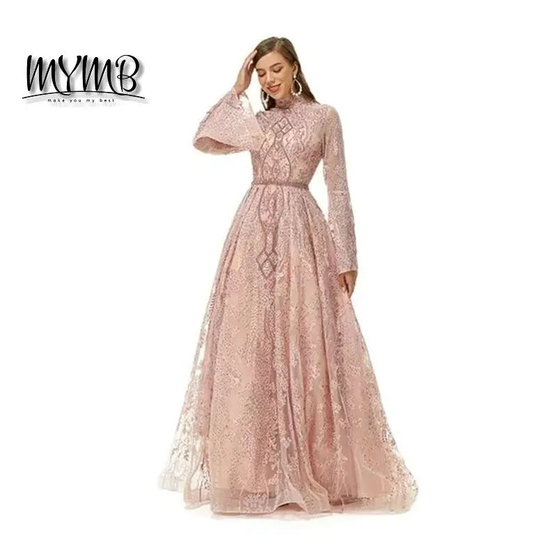 MYMB Elegant A-Line Evening Wear Dresses High Neck Muslim Long Sleeves Dubai Abaric Foemal Dinner Party Gowns for Women DWS2056