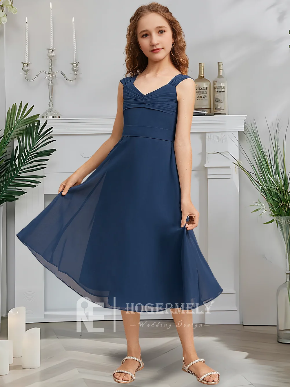 Платье трапециевидной формы для юных подружек невесты, темно-синее платье с цветочным узором для девочек, с v-образным вырезом, длиной до чая, шифоновое садовое праздничное свадебное платье