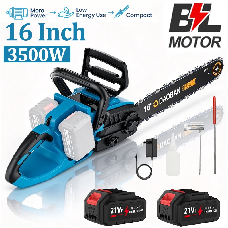 3500W 16 Zoll Akku-Bürstenlose Kettensäge, Elektrische Kettensäge mit Automatischer Ölförderung, Werkzeuglose Kettenspannung, Handgeführter Gartenschneider zum Holzschneiden