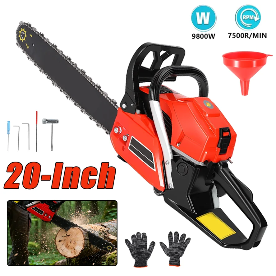 Image of 20 Zoll 80cc Benzin-Kettensäge 9,8kW 2-Takt-Motor Benzinbetriebene Kettensäge Handgeführtes Baum-Abschneide- und Holzschneide-Werkzeugset 7500 U/min