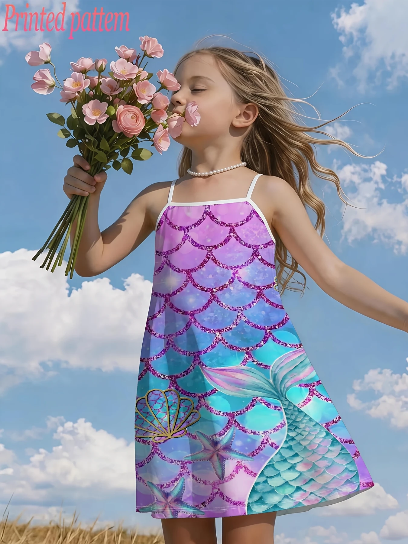 Glitter Purple Mermaid Tail Children Clothes Girl Vibrant Fashion Digital Printed Sleeveless Camisole Dress, Perfect for Summer