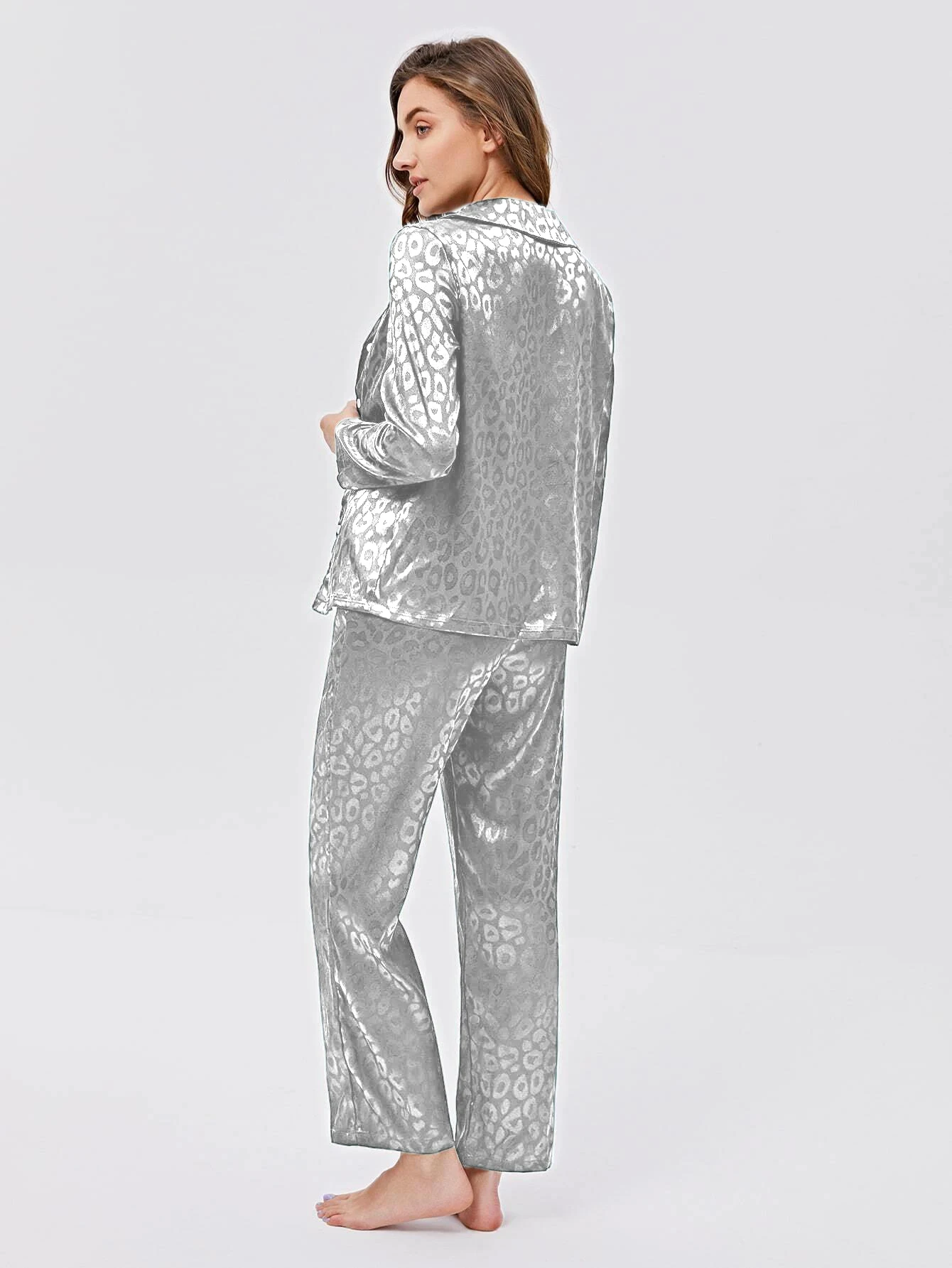 2 Pieces Set 2022 New Silk Women's Pajamas Long-sleeved Two-piece Multicolor Loose Leopard Print  Home Service