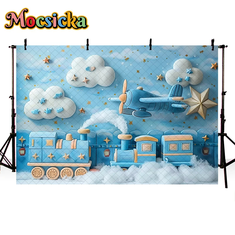 Mocsicka Photography Background Blue Fantasy Train Starry Sky Decor Cake Smash Birthday Kids Portrait Backdrop Photo Studio