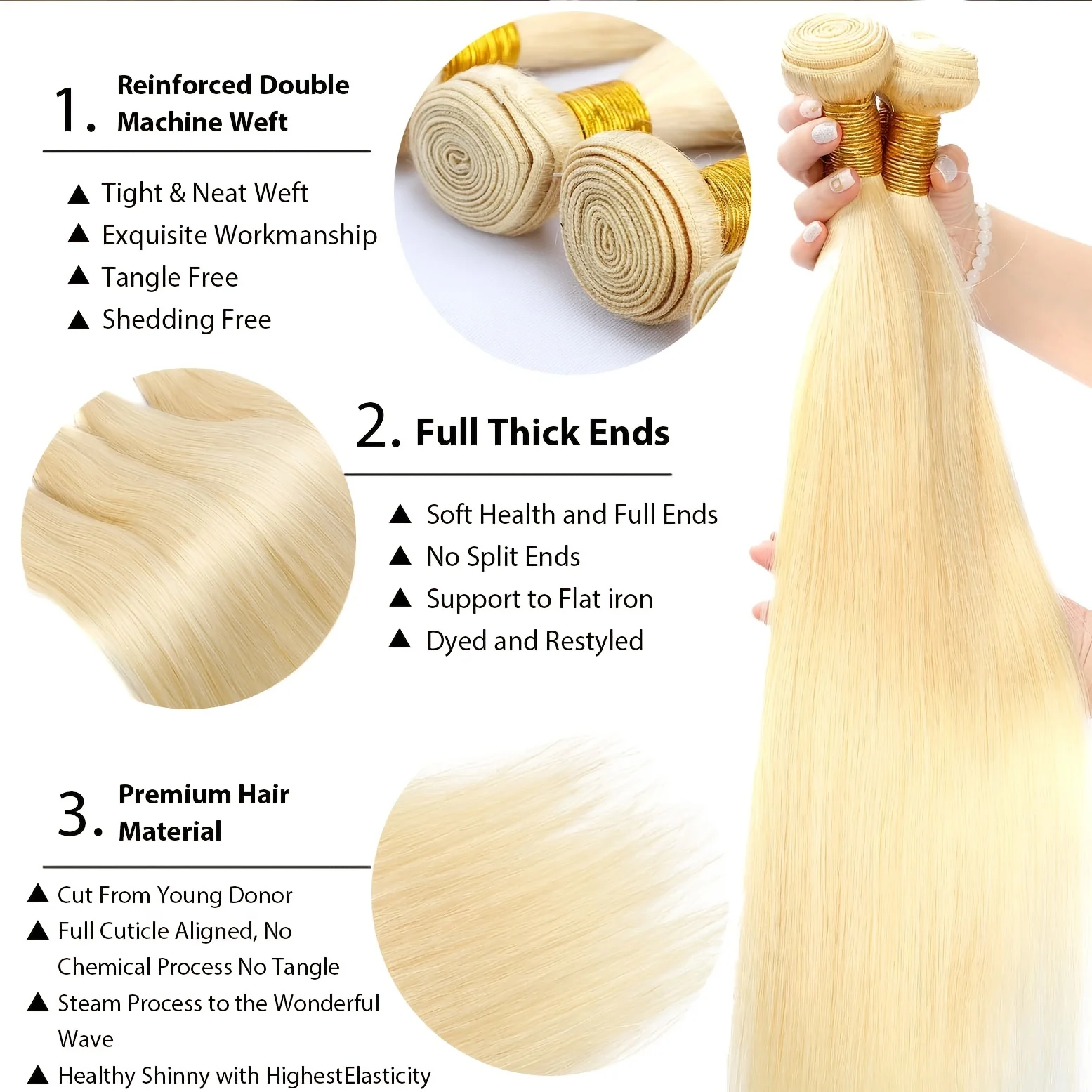 613 블론드 번들 스트레이트 인모 1 3 번들 브라질리언 헤어 번들 허니 블론드 미가공 버진 레미 헤어 익스텐션