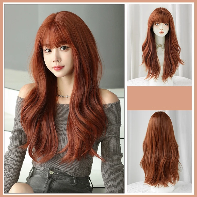 

65CM Wig Female Long Hair Big Wave Air Bangs Honey Orange Color Whole Wig Simulated Chemical Fiber Natural Fluffy Long Curly Wig