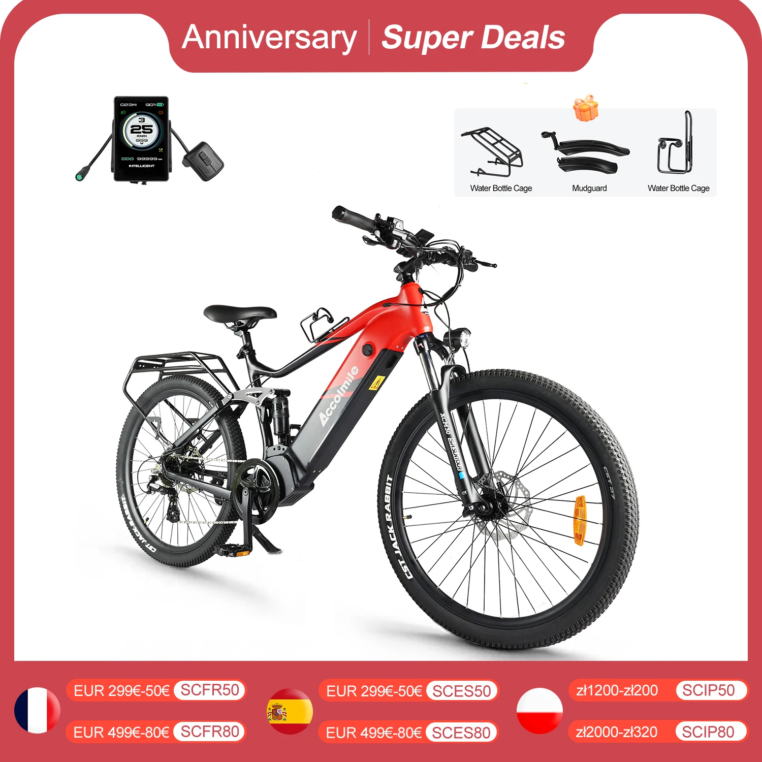 Accolmile Electric Mountain Bike Powerful eBike  8fun 48V 750W Mid Drive Motor 20Ah Removable Battery MTB with Suspension Fork