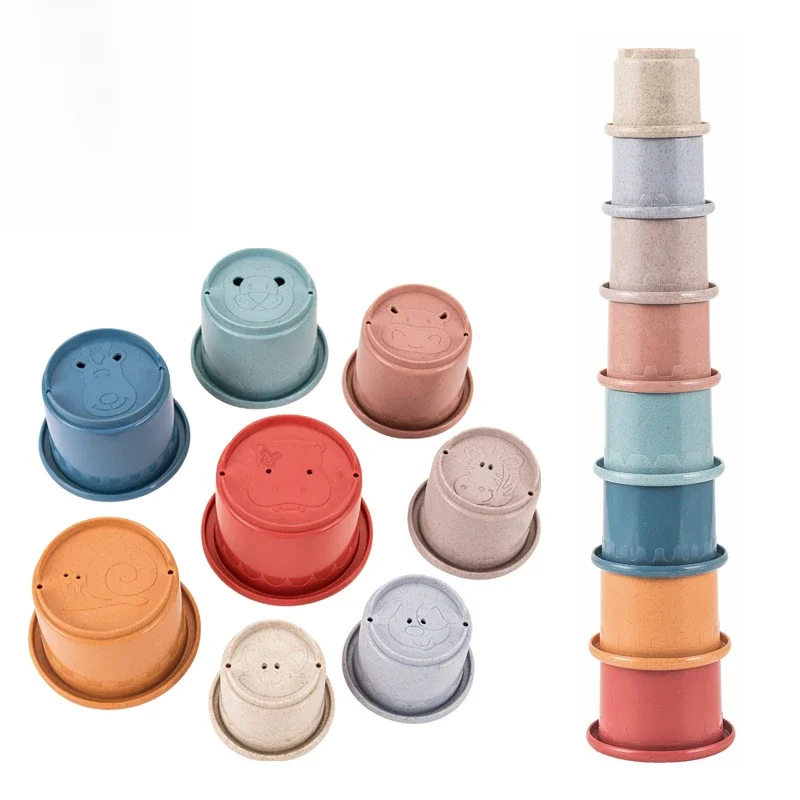 Jouets pour bébés, tasse d'empilage, paille de blé, sablier, tour pliante environnementale, bain, jeu d'eau, jouets éducatifs précoces pour nourrissons