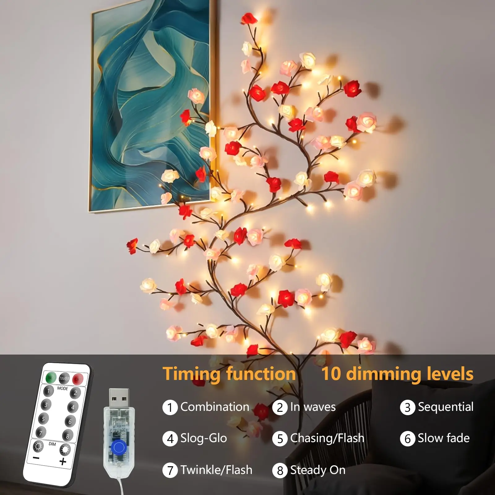 مصباح فرع LED وردي للجدران - إكليل زخرفي لفرع الصفصاف على شكل زهرة الورد مع 96 مصباح LED وجهاز تحكم عن بعد، 8 إضاءة م #3