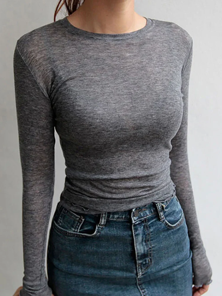 Szczupła wysokiej jakości zwykły T Shirt kobiety bawełna elastyczny, w stylu Basic t-shirty damskie na co dzień topy z długim rękawem Sexy cienki T-shirt przepuszczalność — zdjęcie 2