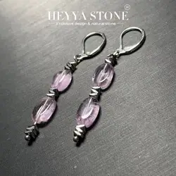 HEYYA STONE Oval Natural Rose Amethyst Drop Earrings 925 Sterling Silver Simple Gemstone Jewelry