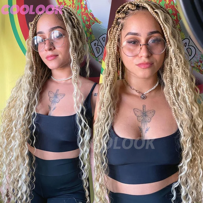 Synthetic Box Braided Wigs Full Lace Front Wigs 32 Inches Bohemian Braids Wig For Black Women Blonde 613 Knotless Cornrow Wigs