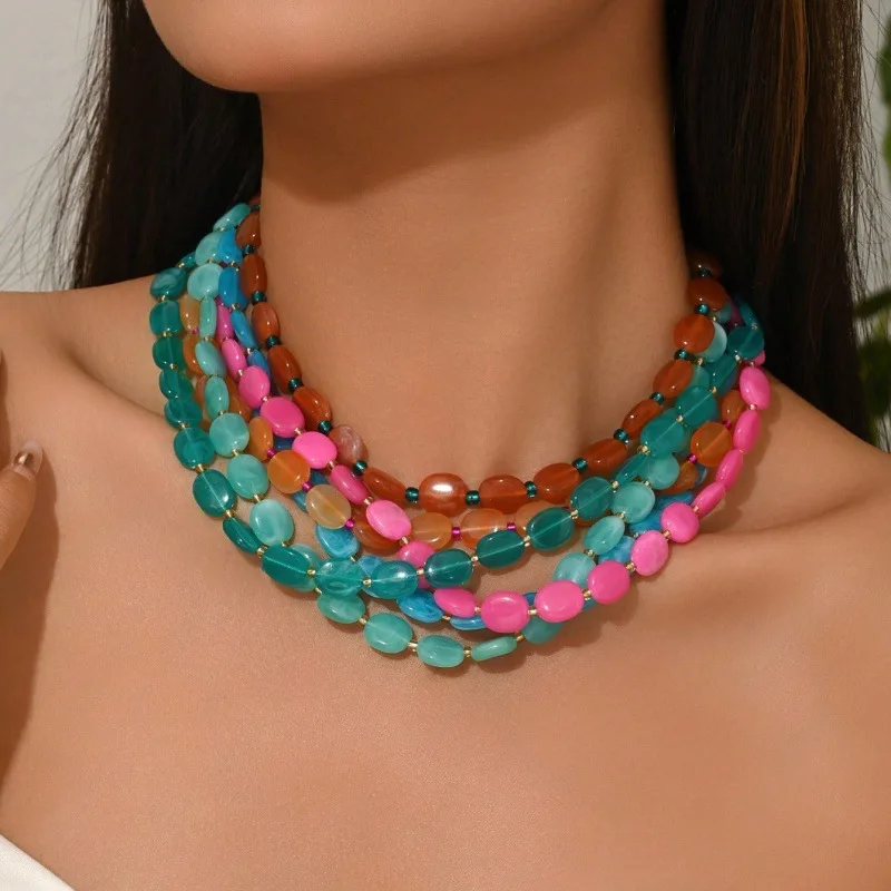 

Statement Exaggerated Oval Colorful Bead Layer Necklaces for Women Bohemian Multicolor Resin Beaded Necklace Jewelry Gift