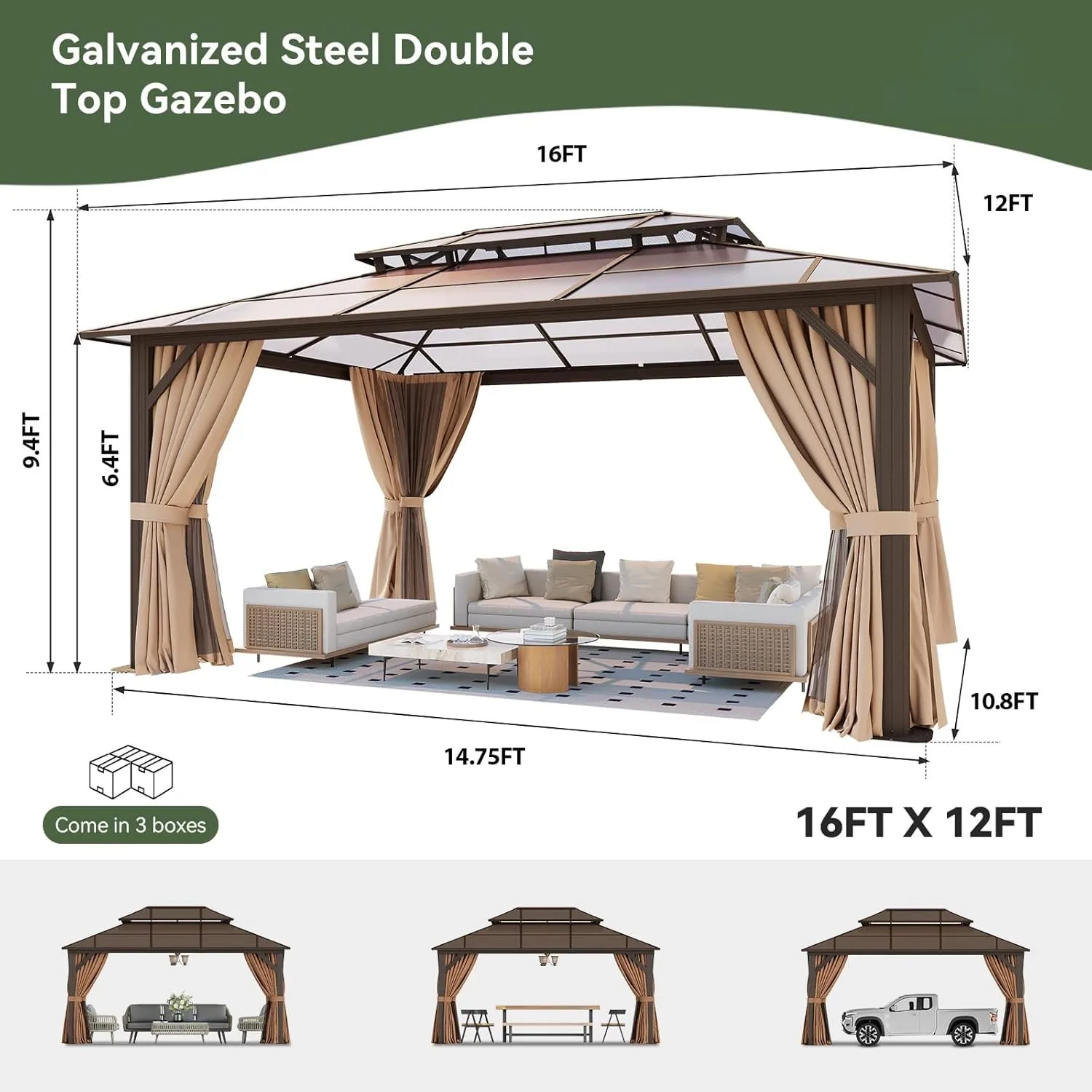 Nordivale 12x16ft Hardtop Gazebo with Double Polycarbonate Roof Aluminum Outdoor Pavilion with Removable Curtains & Netting for Patio Garden (Brown)