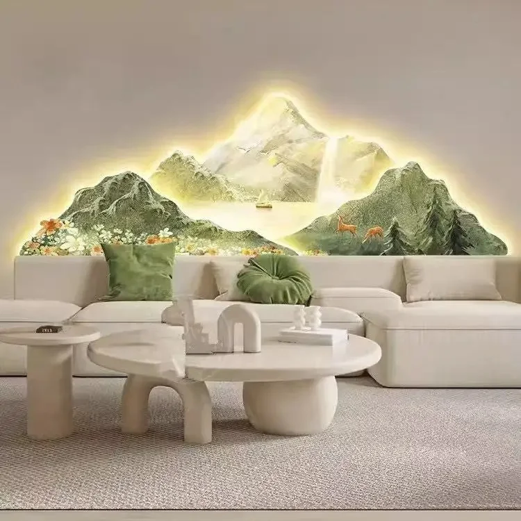 Crèmestijl schilderijen versieren bergschilderijen, high-end verlichting en achtergrond aan de muur gemonteerde wandlampen - afbeelding 2