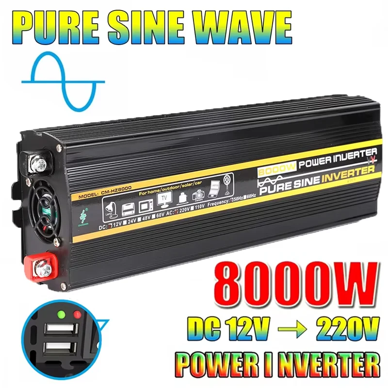 3000W-8000W Pure Sine Wave Power Inverter Voltage Transformer Intelligent Digital Display Car Home DC12V to AC 220V Converter