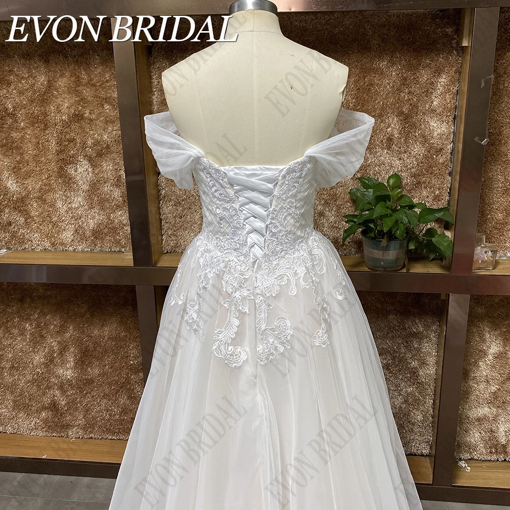 EVON BRIDAL Vestido de noiva princesa para mulheres Vestido de noiva com renda em linha A e apliques fora do ombro Vestidos de noiva feitos à medida Vestidos de noiva em tule com coração Plus Size 2024 Backless Sweep T