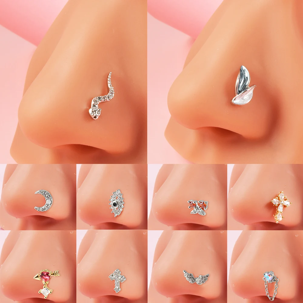 1PC Surgical Steel Cz Demon Angel Nose Studs Crystal Heart Dangle L Shape Nose Bone Ring Studs Ear Tragus Piercing Jewelry 20G