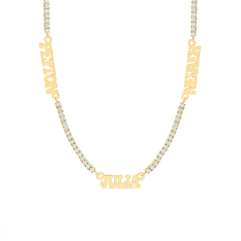 Custom Name Tennis Chain Necklace Multiple Word Block Pendant Cubic Zirconia Pave Gold Plated Hip Hop Jewelry Gift for Her Women