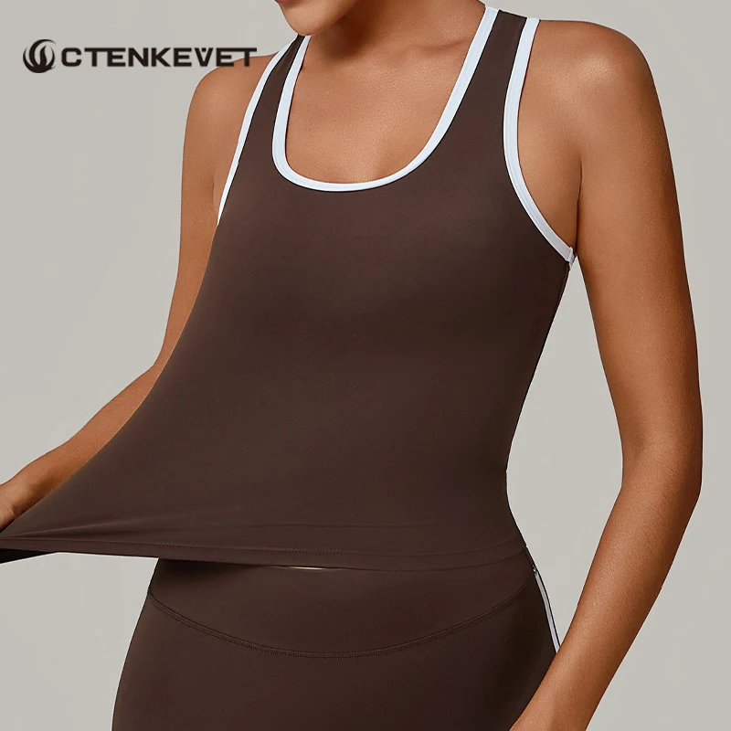 

Ctenkevet U-Neck Sleeveless Double Strap Push Up Women Yoga Vests Color Clash Slimming Sports Tank Top Female Gym Quick-Dry Top
