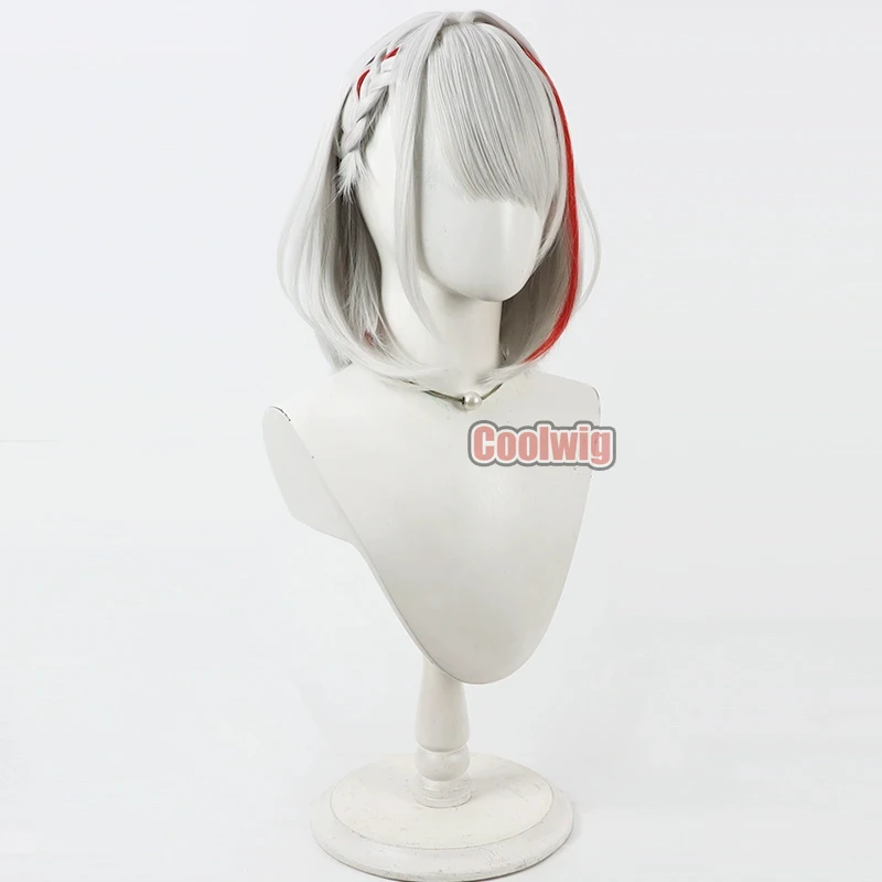 Coolwig الشعر الاصطناعية KMS Duisburg تأثيري الباروكات لعبة Azur Lane KMS Duisburg 30 سنتيمتر الفضة الأبيض مختلط الأحمر بوبو شعر مستعار مقاومة للحرارة #4