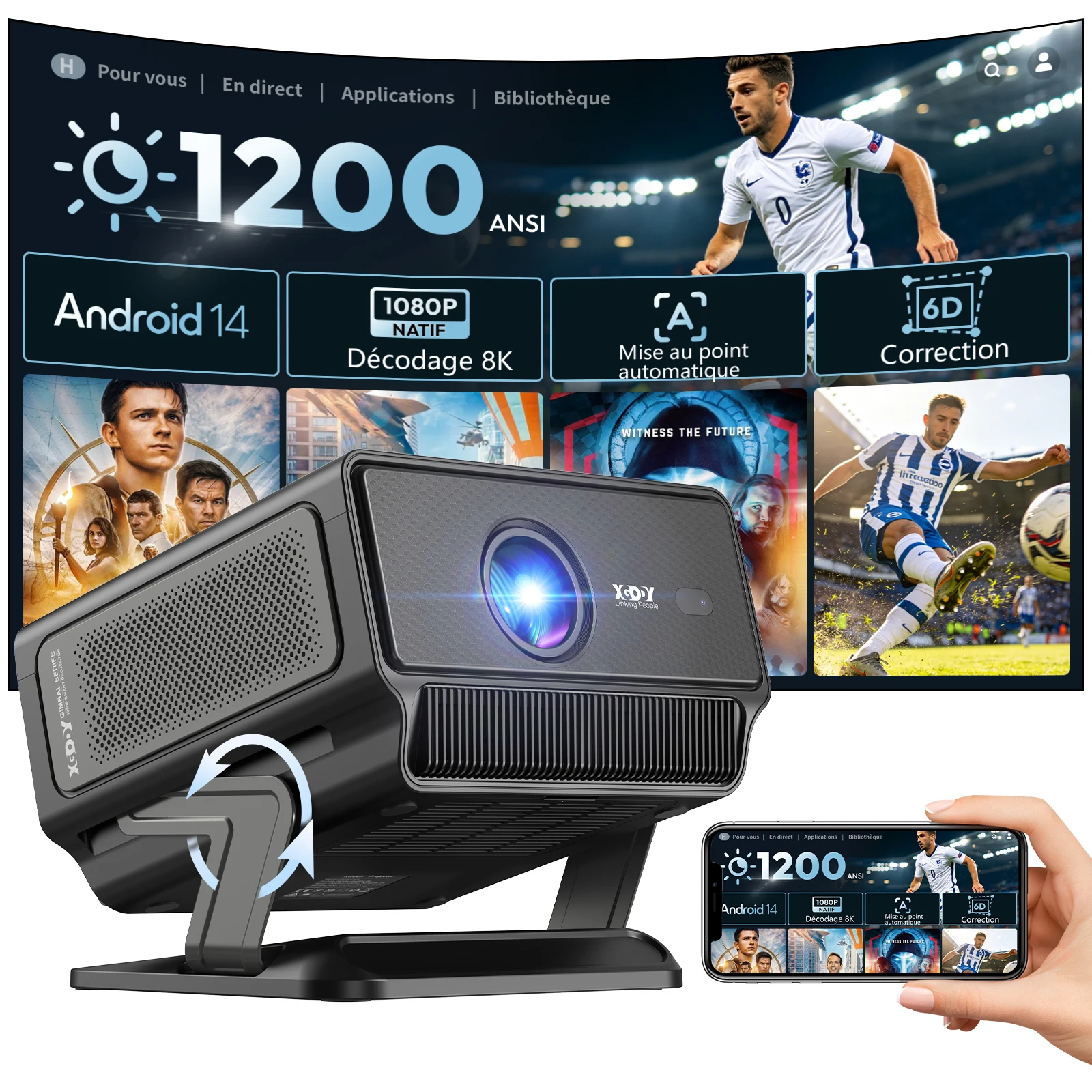 Projecteur professionnel XGODY 1200 ANSI 8K/4K, Android 14, autofocus IA, correction trapézoïdale 6D, résolution native 1080p, HDR10+, pour bureau, éducation, réunions, home cinéma, extérieur