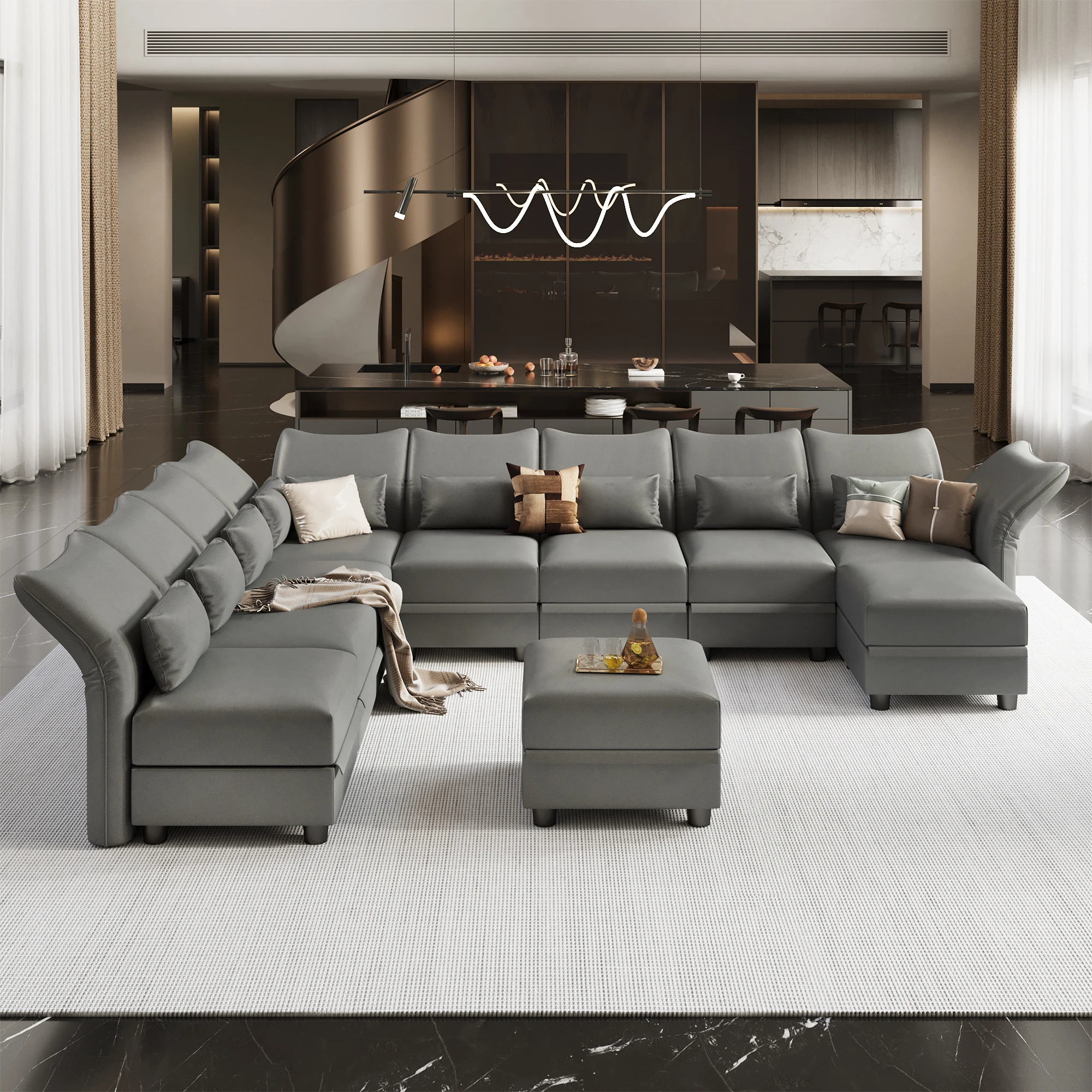 Modular Sectional 10 Seat U Shaped Sofa with Storage, Faux Leather Waterproof Sectional Couch for Living Room, Grey