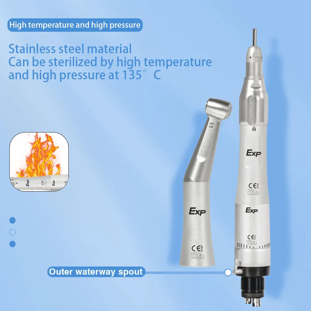 Exp Dental Low Speed Handpiece Kit 1:1 Contra Angle Straight 2/4 Hole External Water Spray Air Motor Push Button Dentistry Tool