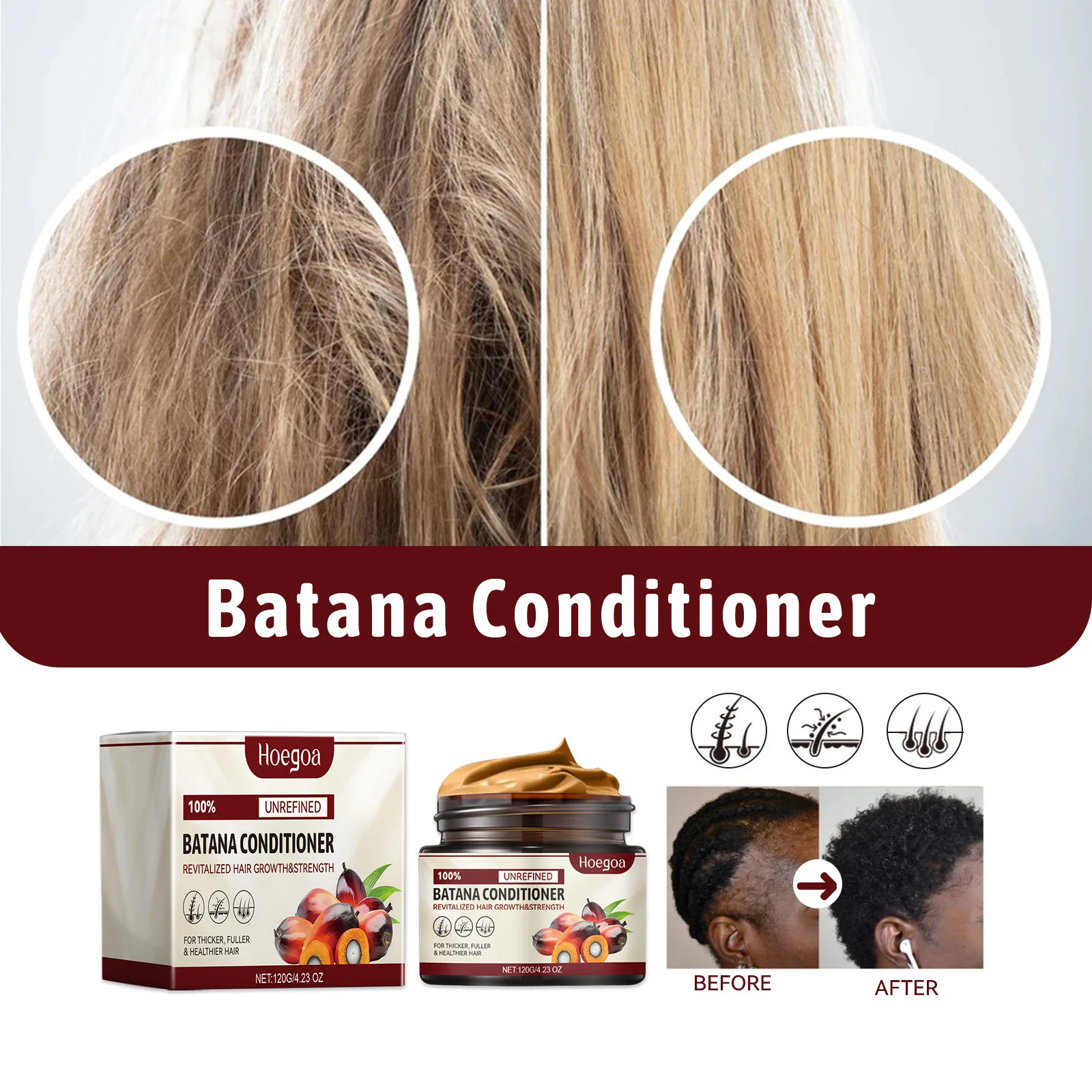 Hoegoa 120g Batana Oil Anti Hair Loss Hair Conditioner Nourish Repair Damaged Split Ends Strengthen Root Hair Growth Conditioner