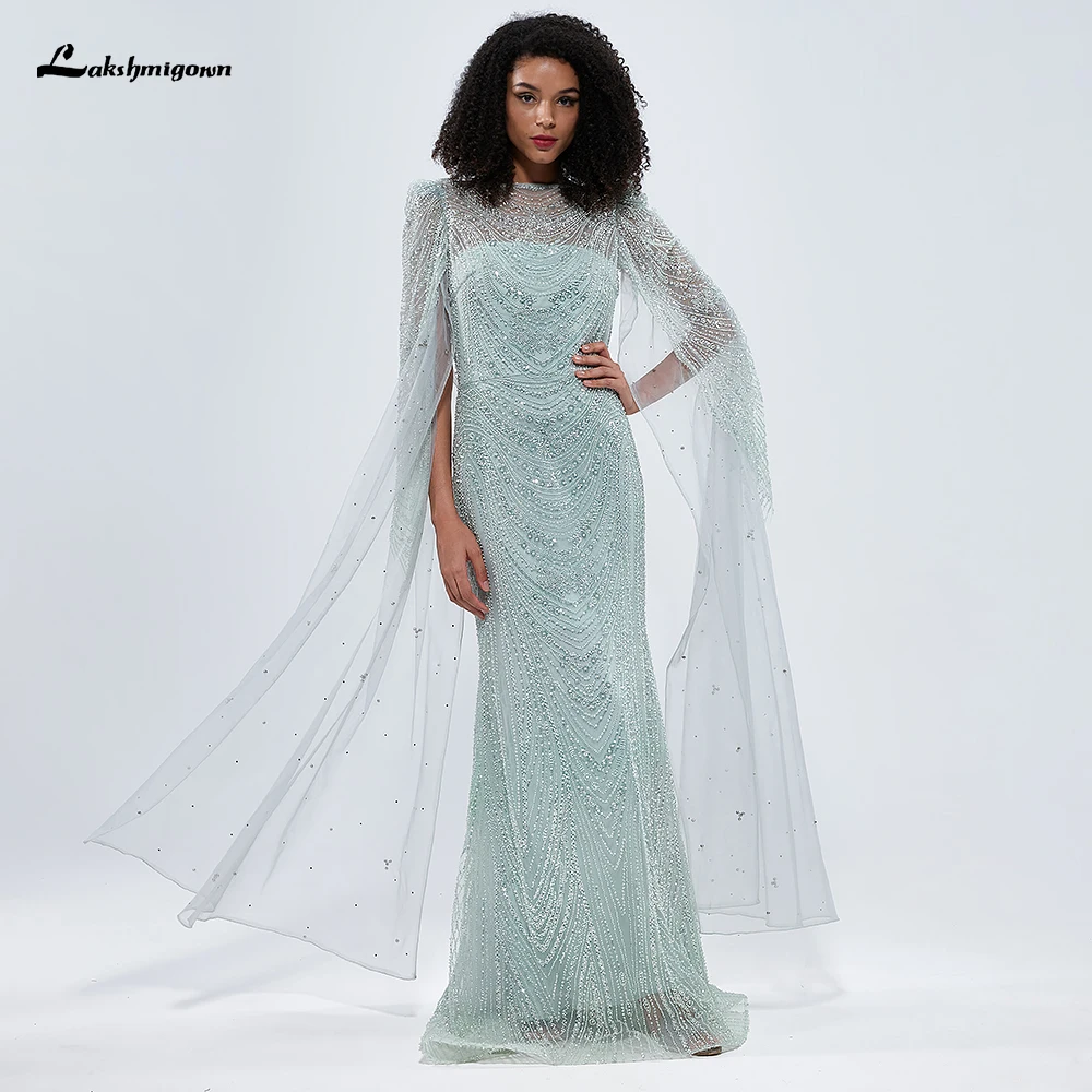 Lakshmigown Turquoise Cape Sleeves Luxury Beaded Mermaid Arabic Evening Dresses Gowns For Women Wedding Party