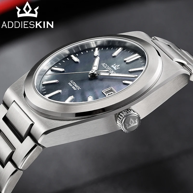 ADDIESKIN K008 Unique Black Mother of Pearl Dial Automatic Mechanical Watch Men Sapphire Crystal BGW9 Luminous Stainless Steel