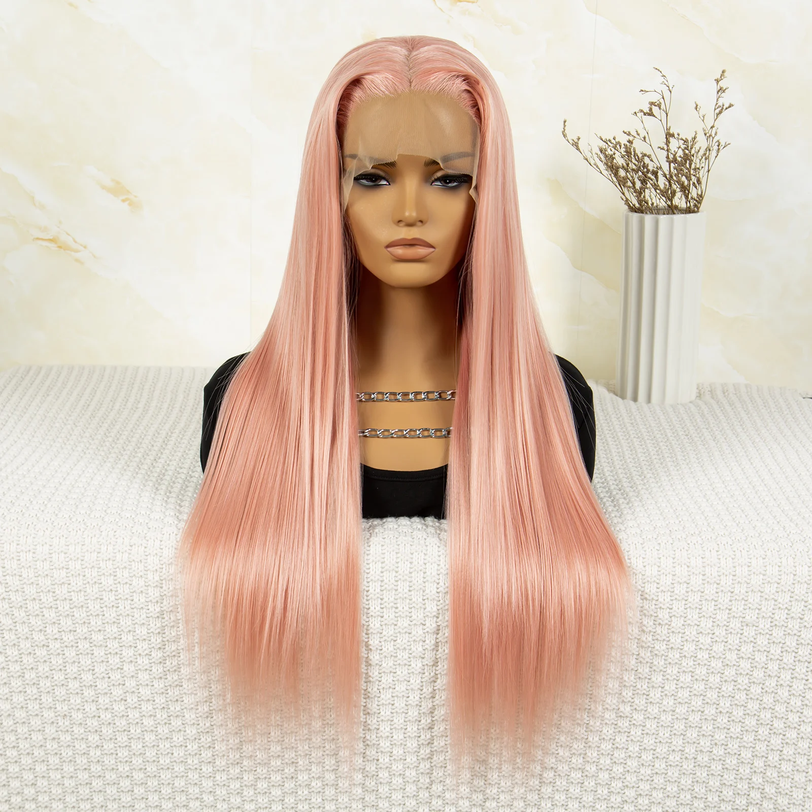 Light Pink Wig for Women Lace Front Synthetic Wig Bone Straight Pink Wig Cosplay Lace Frontal Wig High Temperature Fiber HD Lace