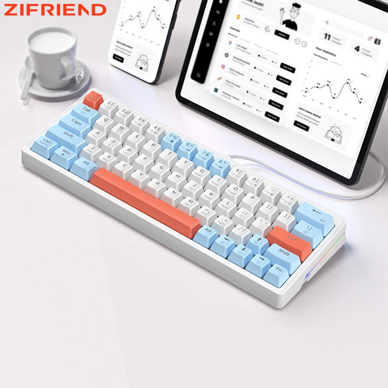 

Механическая клавиатура ZIFRIEND ZA63, 63 клавиши, проводная RGB с возможностью горячей замены, красный, синий переключатель, игровая защита от ореолов, 60% клавиатура, белый колпачок