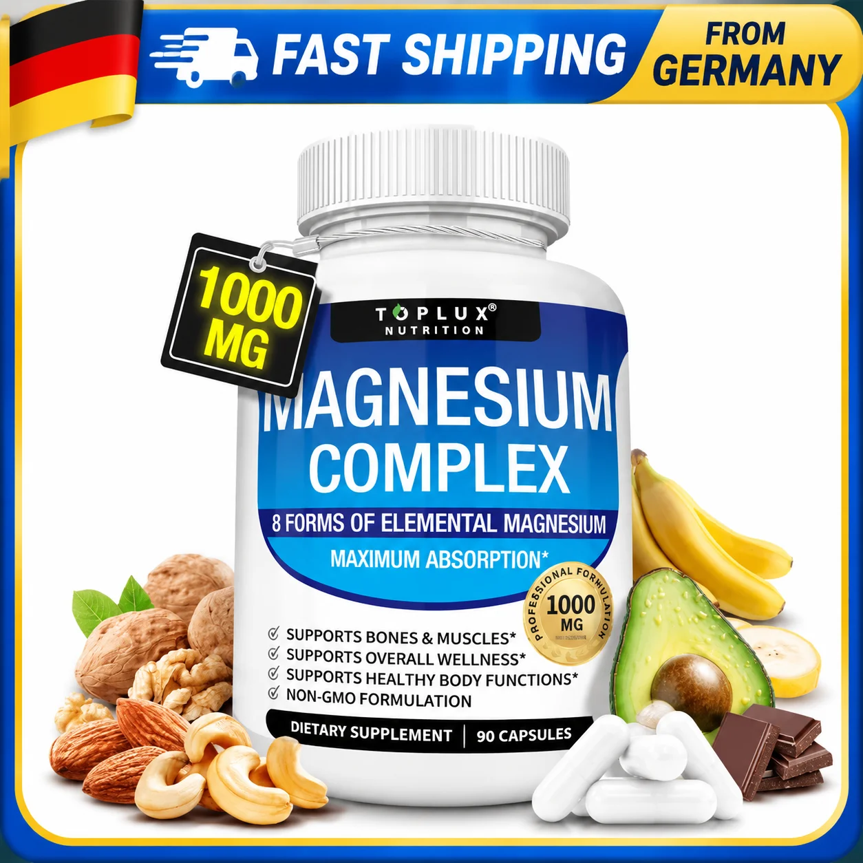Bottiglie di magnesio da 1000 mg, 90 capsule, accessori per la salute (1-5 pezzi).