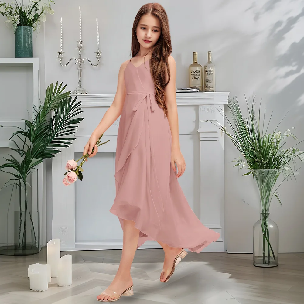

Luxurious V-Neck Junior Bridesmaid Dress Peach Nectar Flower Girl Dress Asymmetrical Chiffon With Cascading Ruffled Layers