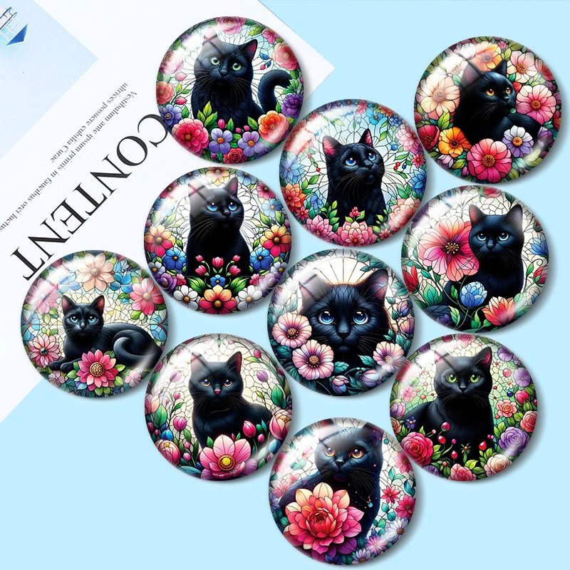 Flower Black Cat 10pcs 12mm/16mm/18mm/30mm Round Photo Glass Cabochon 25mm Demo Flat Back Making findings