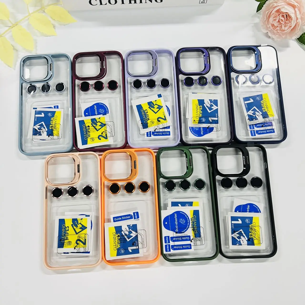 100pack high quality lens holder camera film free mobile case for iphone 15 pro max 14 transparent pc hard cover with clean kit