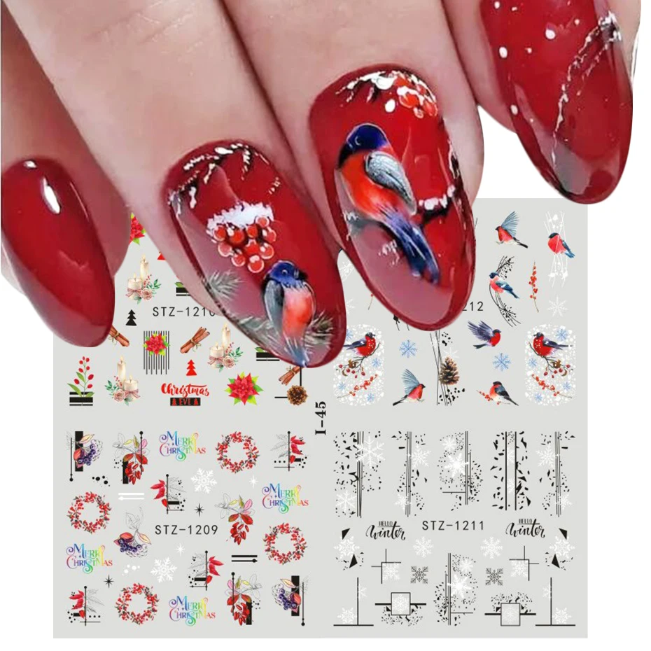 

New Year Sliders Stickers on nails Snowflakes Winter Bird Cute Santa Snowman Nail Art Polish Decals Manicure Decoration NTI44-49