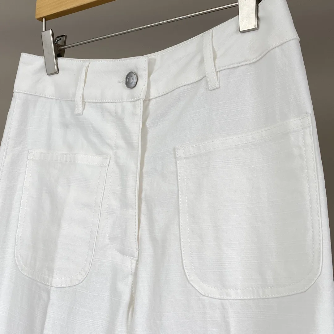

25 Women's New Double Pockets Versatile White Straight Casual Trousers