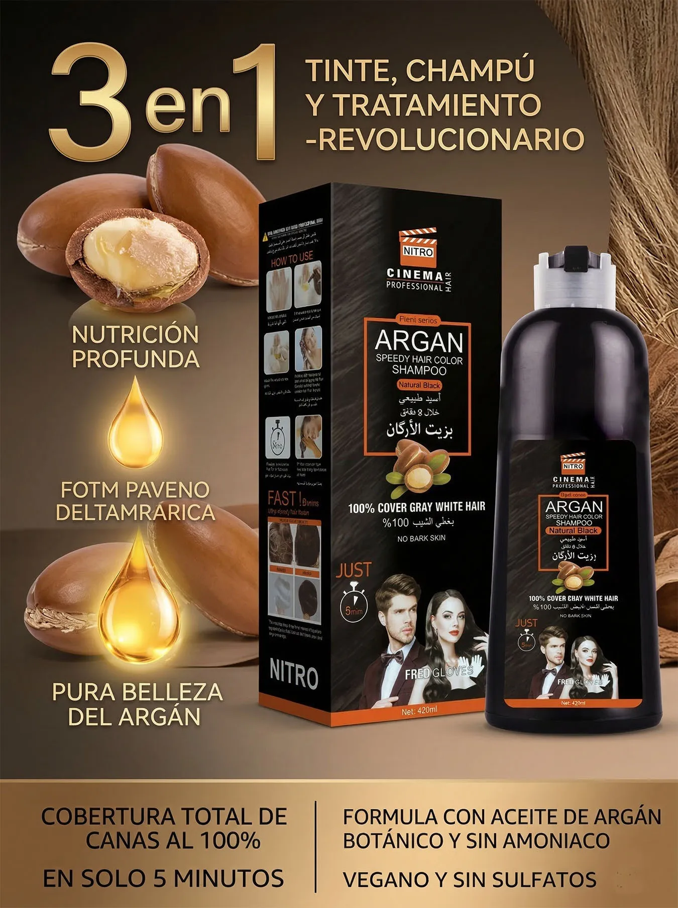 Shampoo Tinte Rápido con Aceite de Argán 3 en 1, Cubre Canas en 5 Minutos, Fórmula Natural Sin Amoníaco para Cabello, Barba y Bigote, Kit de Coloración Permanente Unisex, Hidratación con Aloe Vera y Ginseng 420ml