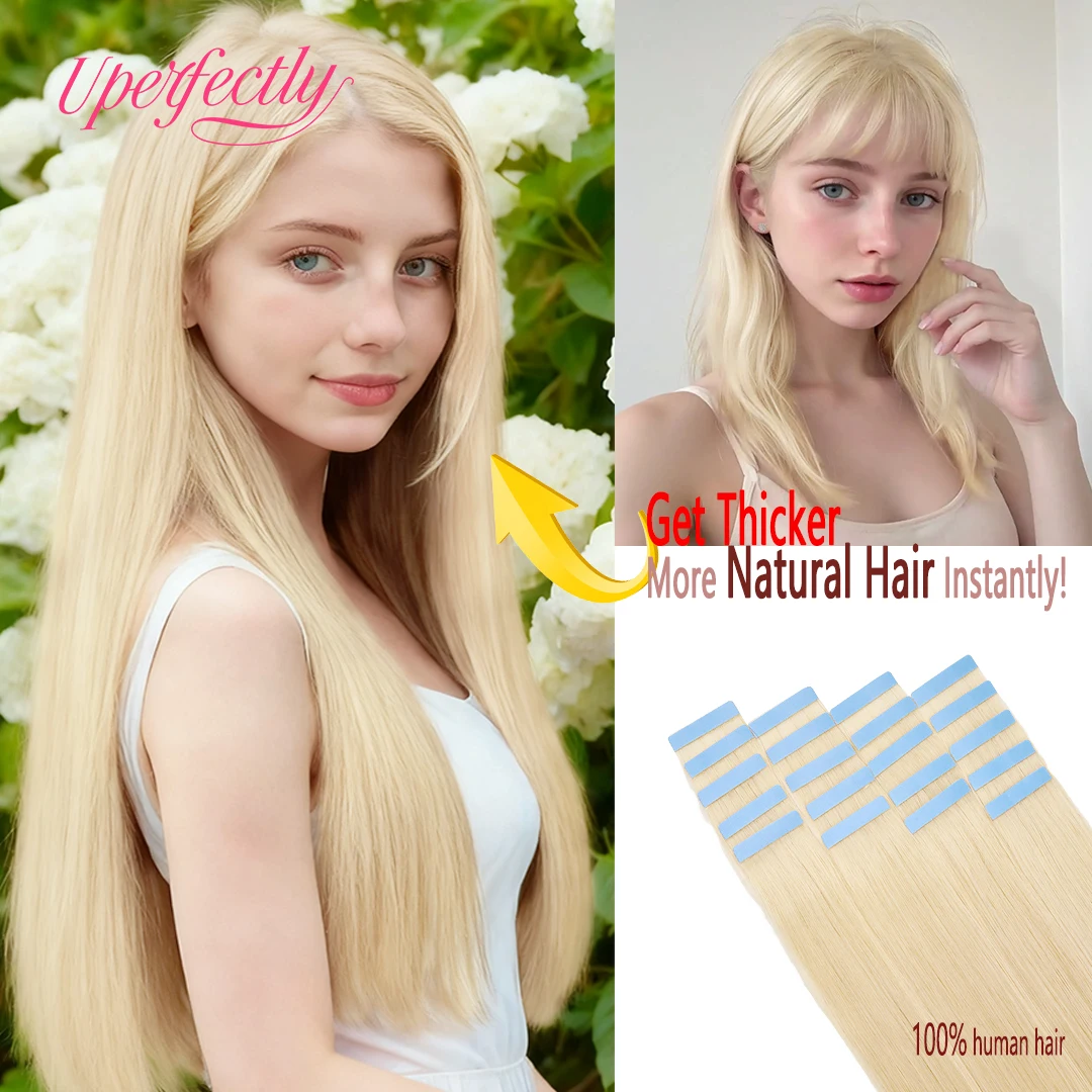 

12A Tape In Hair Extensions European Virgin Human Hair Straight Seamless Skin Weft Extensions For Women #613 Blonde 20Pcs/40Pcs