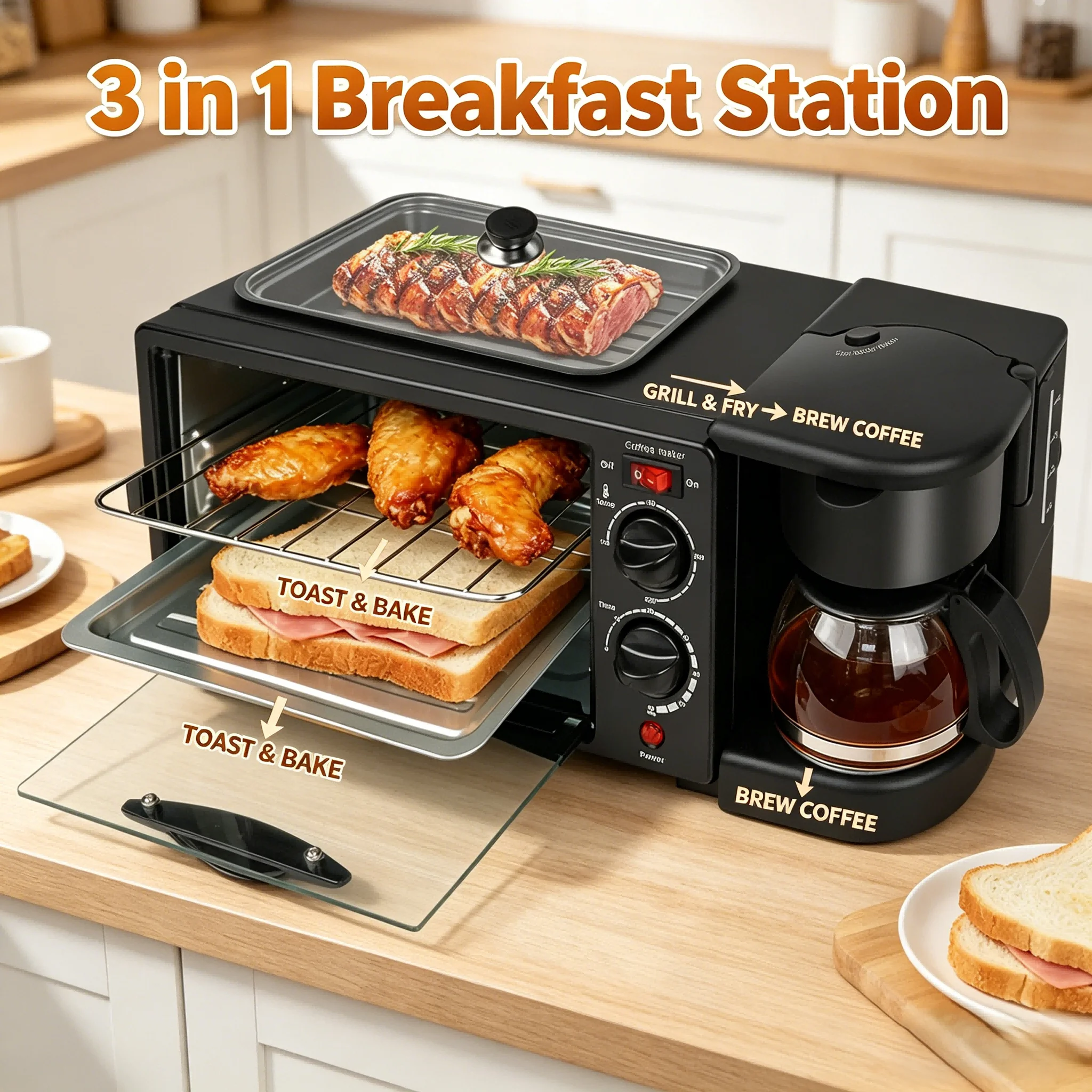 Estación de Desayuno 3 en 1, Horno Eléctrico de 9L, Cafetera de 600ml, Sartén, Multifuncional, Control Separado para Cocina Doméstica