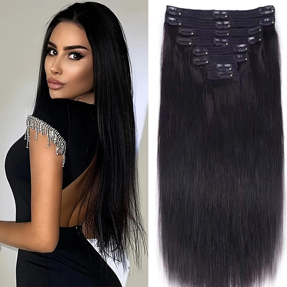 Extensions de Cheveux Brésiliens Lisses à Clips, 100% Vrais Cheveux Humains, Noir Naturel, Tête Complète, 8 Pièces, 18 Clips