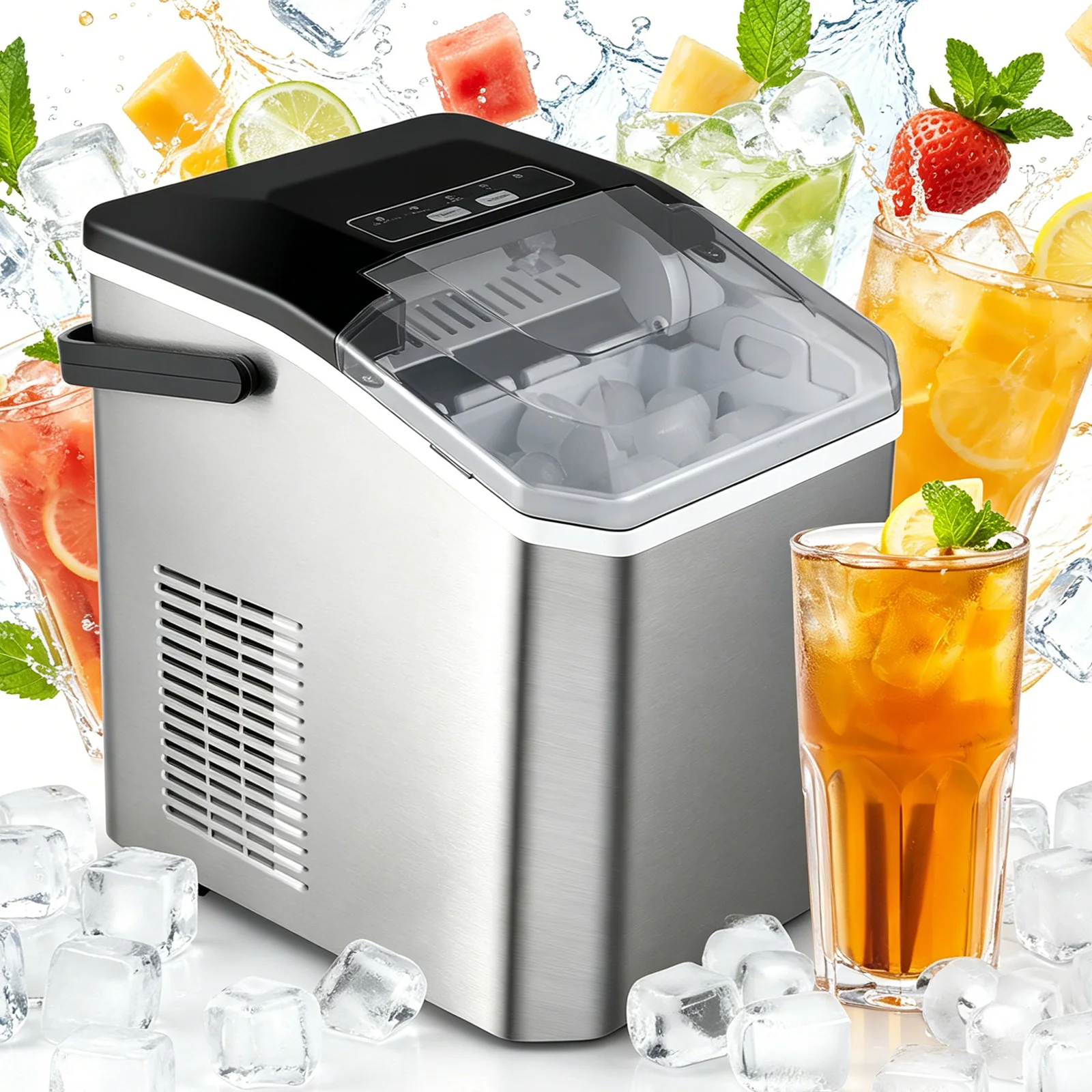 Máquina de Hielo en Cubos, Máquina para Hacer Bebidas con Hielo, 12 kg/24 Horas, 6 Minutos de Tiempo de Preparación, 2 Tamaños de Cubos de Hielo, Máquina de Hielo con Autolimpieza
